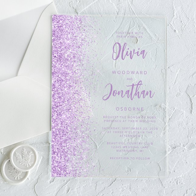 Invitations En Acrylique Mariage Moderne Écriture Pailletée Lilas (Créateur téléchargé)