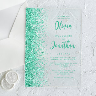 Invitations En Acrylique Mariage Moderne Écriture Paillettes Aqua Vert