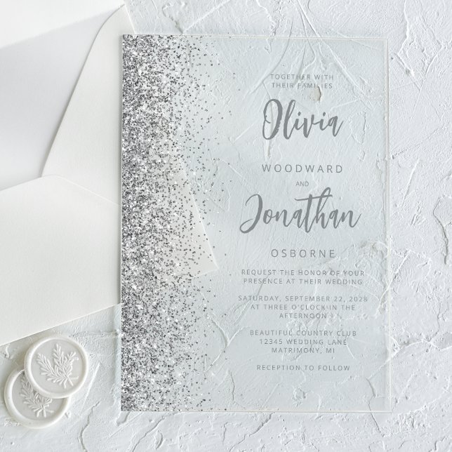 Invitations En Acrylique Mariage Moderne Écriture Paillettes Argentées (Créateur téléchargé)
