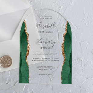 Invitations En Acrylique Mariage Moderne Émeraude Vert Or Agate Arche