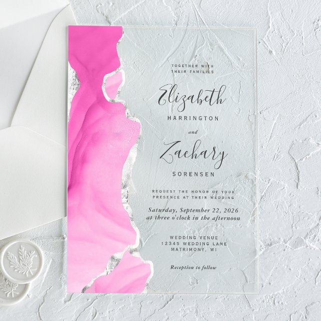 Invitations En Acrylique Mariage Moderne en Agate Rose Argent (Créateur téléchargé)
