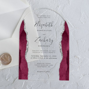 Invitations En Acrylique Mariage Moderne en Argent et Agate de Bourgogne