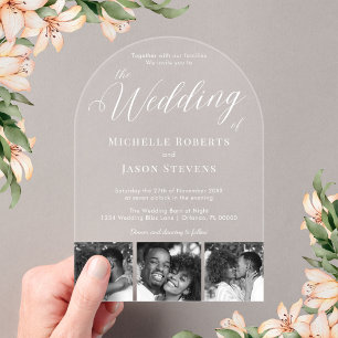 Invitations En Acrylique Mariage moderne en bande de 3 photos en noir et bl
