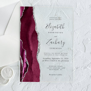 Invitations En Acrylique Mariage Moderne en Bourgogne Argent Agate