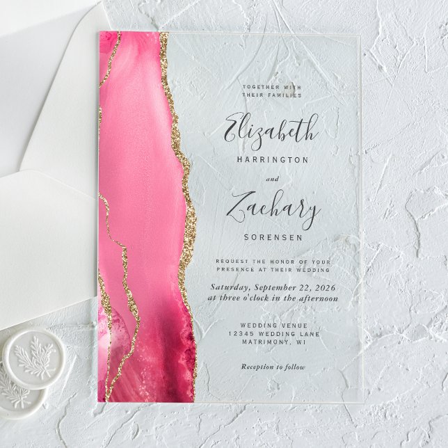 Invitations En Acrylique Mariage Moderne en Or Rose et Agate (Créateur téléchargé)
