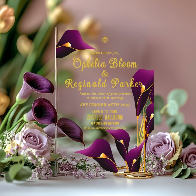 Invitations En Acrylique Mariage Moderne Épuré Lys Callas Violet Pourpre  (Sleek Modern Violet Purple Calla Lily Acrylic Wedding Invitation )