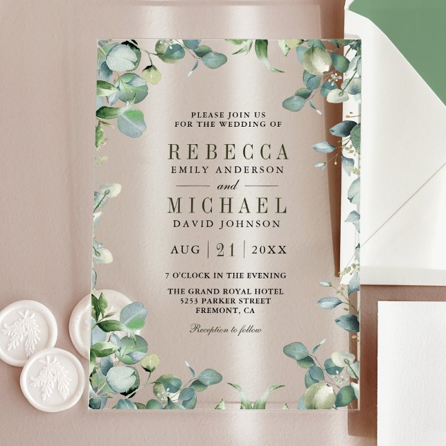 Invitations En Acrylique Mariage Moderne Eucalyptus (Créateur téléchargé)