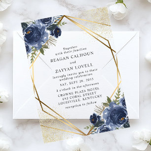 Invitations En Acrylique Mariage Moderne Géométrique Floral Bleu Marine Or