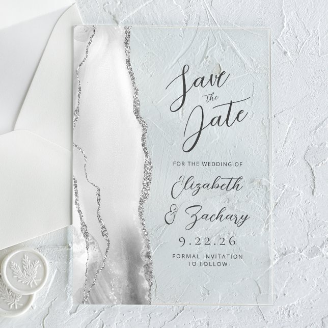 Invitations En Acrylique Mariage Moderne Gris Agate Blanc Argent Script (Créateur téléchargé)