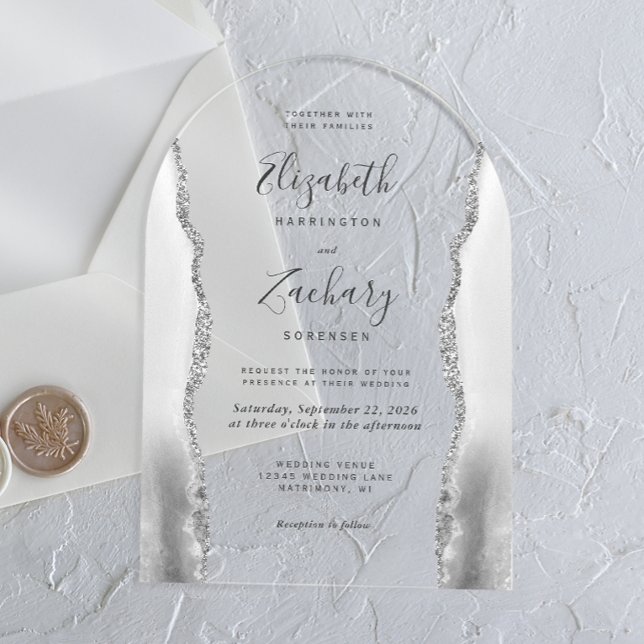 Invitations En Acrylique Mariage Moderne Gris Blanc Argent Agate Arche (Créateur téléchargé)