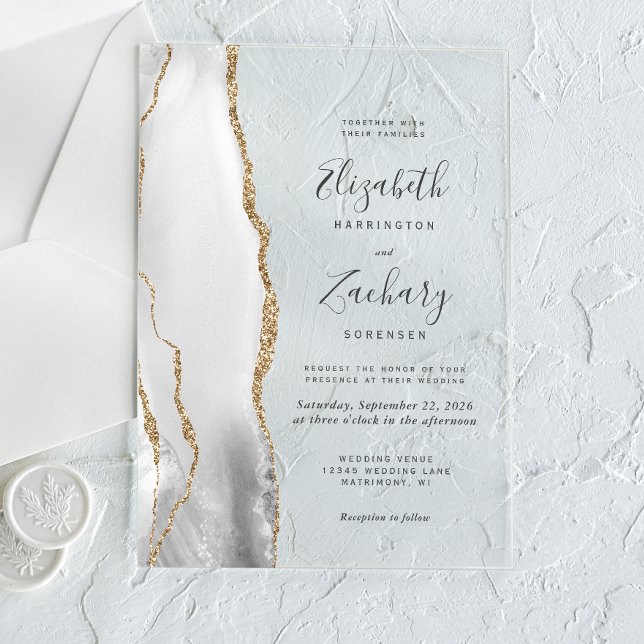 Invitations En Acrylique Mariage Moderne Gris Blanc Or Agate (Créateur téléchargé)