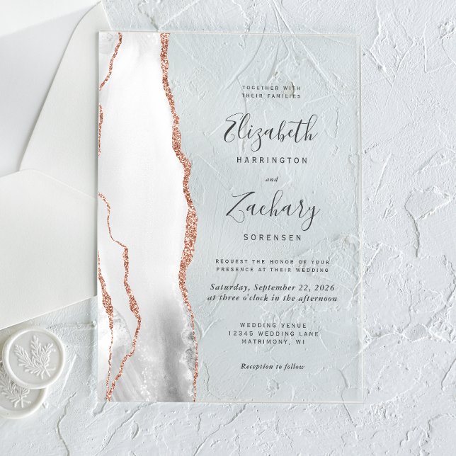 Invitations En Acrylique Mariage Moderne Gris Blanc Rose Or Agate (Créateur téléchargé)