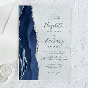 Invitations En Acrylique Mariage moderne Marine Blue Silver Agate