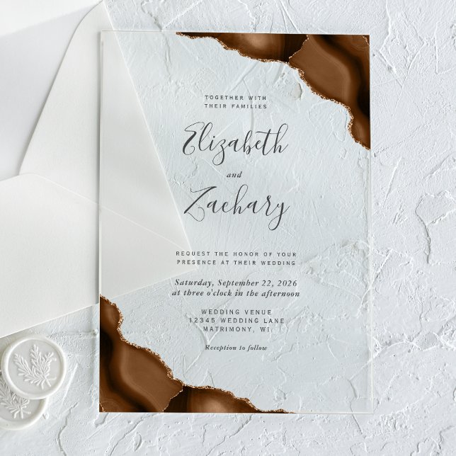 Invitations En Acrylique Mariage Moderne Marron Mocha Agate Coins (Créateur téléchargé)
