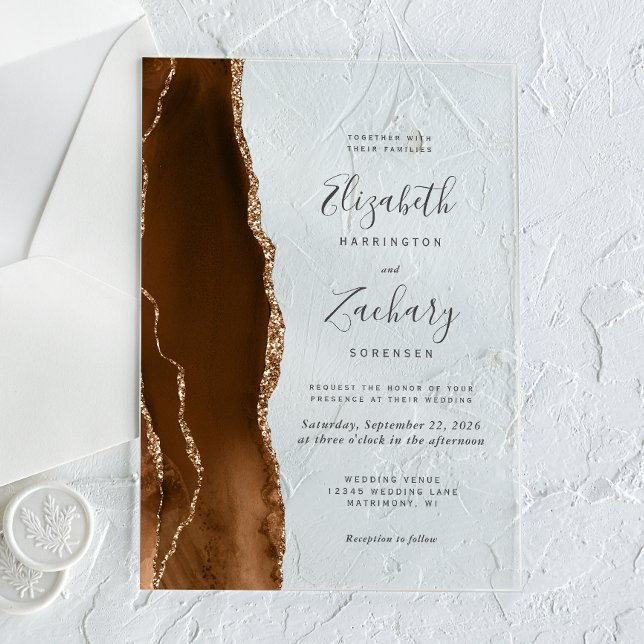 Invitations En Acrylique Mariage Moderne Marron Mocha Agate Or (Créateur téléchargé)