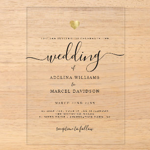 Invitations En Acrylique Mariage Moderne Minimaliste Calligraphie Cœur Doré