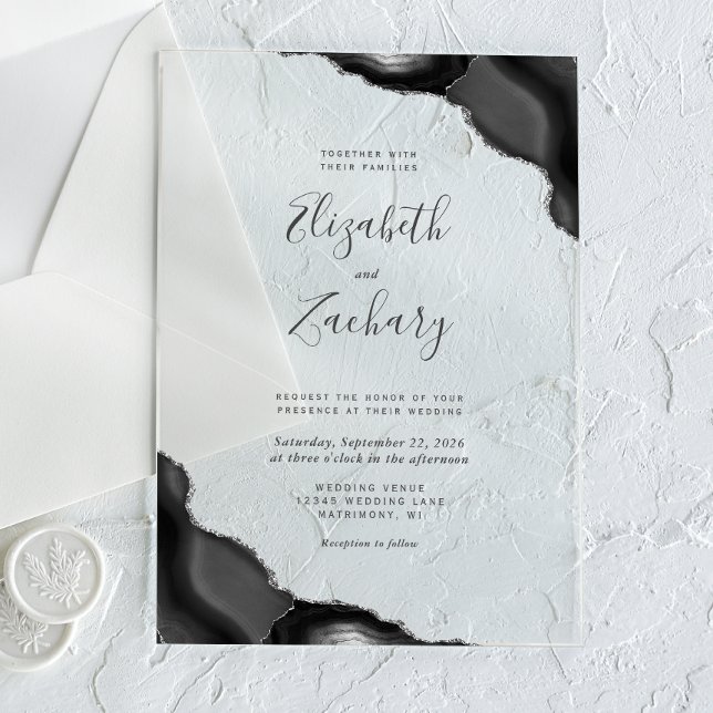 Invitations En Acrylique Mariage Moderne Noir Argent Agate Coins (Créateur téléchargé)