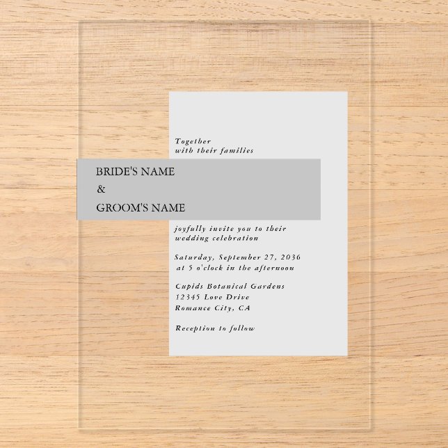 Invitations En Acrylique Mariage Moderne Noir & Blanc (Recto)