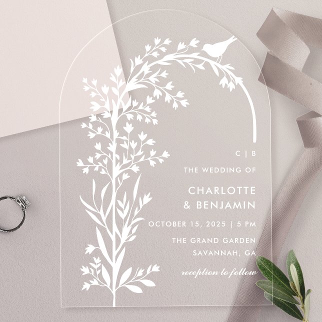 Invitations En Acrylique Mariage Moderne Oiseau Blanc et Branche (Créateur téléchargé)