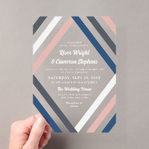 Invitations En Acrylique Mariage Moderne Rayures Diamant Bleu Rosé Gris
