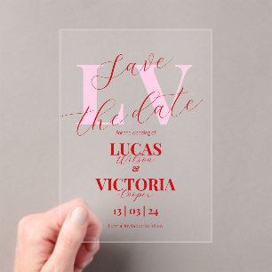 Invitations En Acrylique Mariage Moderne Rose Clair et Rouge, carte de sauv