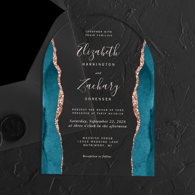 Invitations En Acrylique Mariage Moderne Rose Doré Sarcelle Agate Rose Text (Créateur téléchargé)