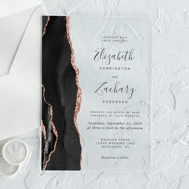 Invitations En Acrylique Mariage Moderne Rose Or Noir Agate (Créateur téléchargé)