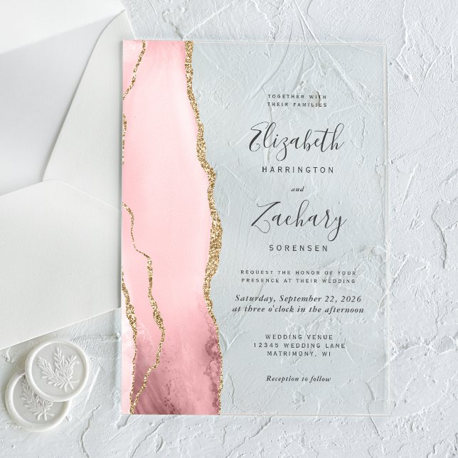Invitations En Acrylique Mariage Moderne Rose Pâle Agate Or (Créateur téléchargé)