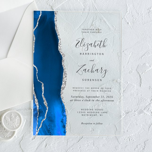 Invitations En Acrylique Mariage Moderne Royal Bleu Agate Argent (Créateur téléchargé)