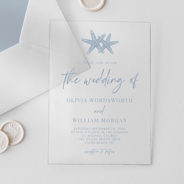 Invitations En Acrylique Mariage Moderne Starfish Beach Script Bleu Poussié (Créateur téléchargé)