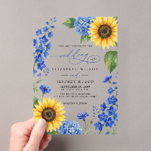 Invitations En Acrylique Mariage Moderne Tournesols Fleuris Bleu Royal