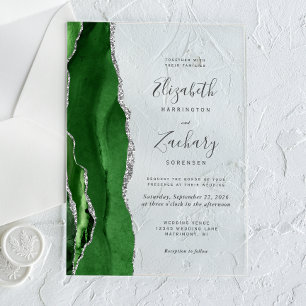 Invitations En Acrylique Mariage Moderne Vert Chasseur Agate Argent