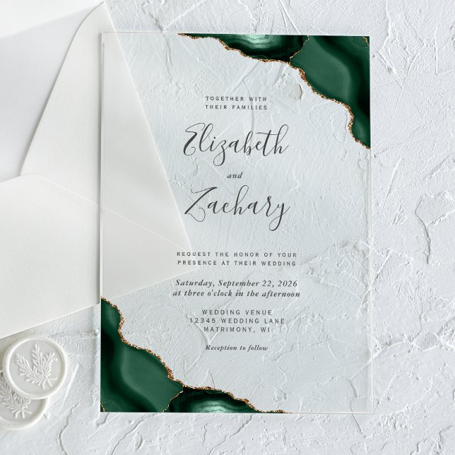 Invitations En Acrylique Mariage Moderne Vert Émeraude Agate Coins (Créateur téléchargé)