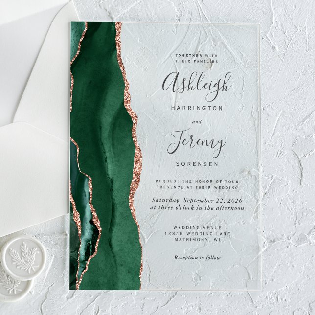 Invitations En Acrylique Mariage Moderne Vert Émeraude et Or Rose Agate (Créateur téléchargé)