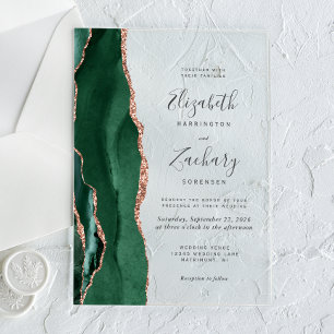 Invitations En Acrylique Mariage Moderne Vert Émeraude et Or Rose Agate