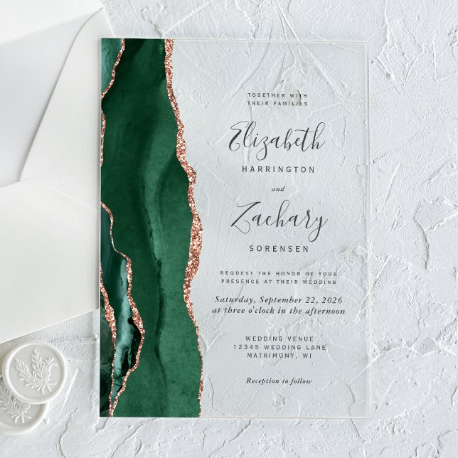 Invitations En Acrylique Mariage Moderne Vert Émeraude Rose Or Agate (Créateur téléchargé)