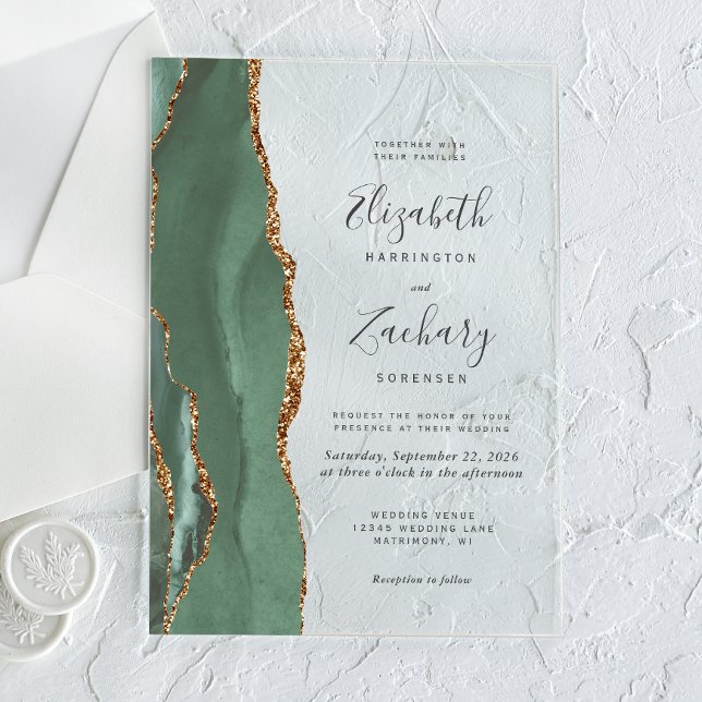 Invitations En Acrylique Mariage Moderne Vert Sauge Agate Or (Créateur téléchargé)