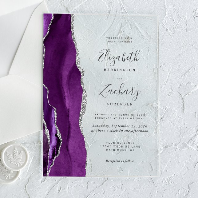 Invitations En Acrylique Mariage Moderne Violet Argent Agate (Créateur téléchargé)