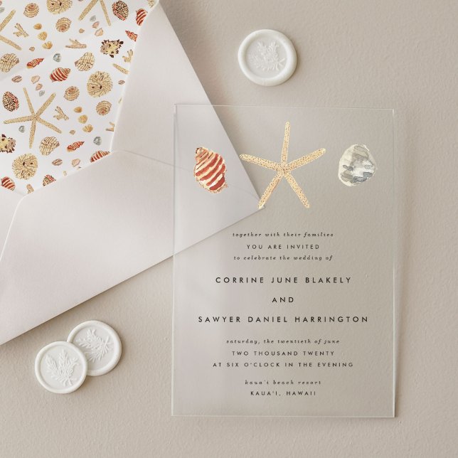 Invitations En Acrylique Mariage moderne Watercolor Seashings (Modern Watercolor Seashells Wedding Acrylic Invitations)