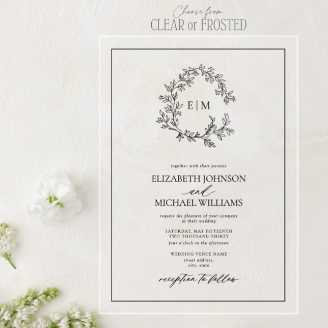 Invitations En Acrylique Mariage Monogramme à Couronne de Feuilles Blanches (Créateur téléchargé)