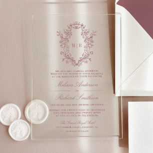 Invitations En Acrylique Mariage Monogramme à Crête en Chinoiserie Rose Pou