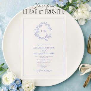 Invitations En Acrylique Mariage Monogramme à Crête Feuillue de Pervenche M