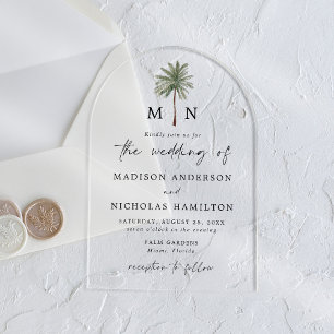 Invitations En Acrylique Mariage Monogramme avec Palmier Minimal