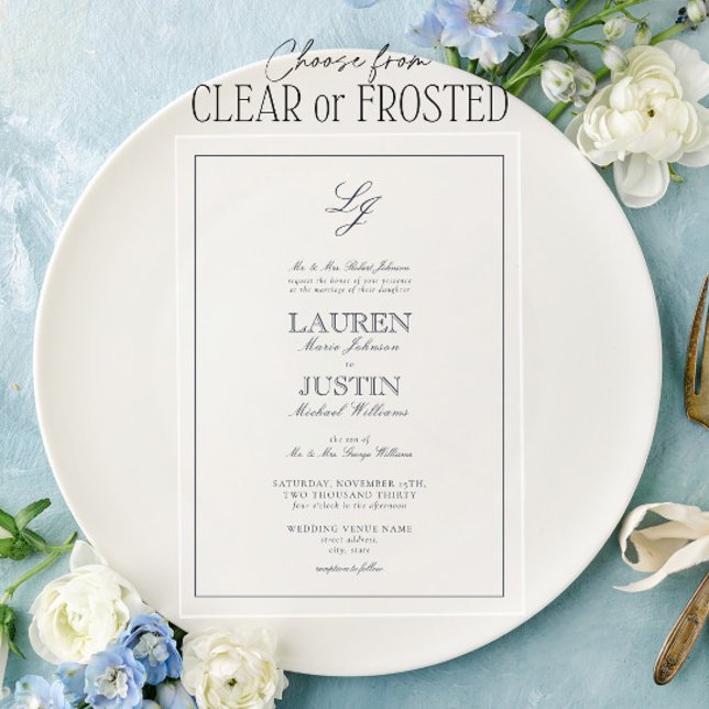Invitations En Acrylique Mariage Monogramme Calligraphié Bleu Navy Classiqu (Créateur téléchargé)
