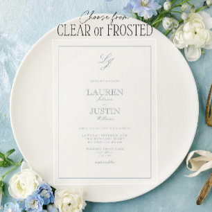 Invitations En Acrylique Mariage Monogramme Calligraphique Bleu Poussiéreux