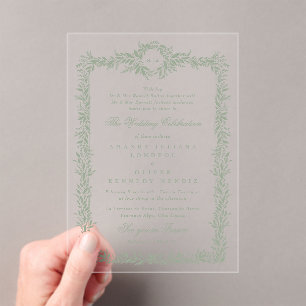 Invitations En Acrylique mariage monogramme classique à cadre feuilleté ver