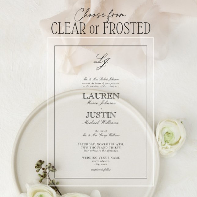 Invitations En Acrylique Mariage Monogramme classique noir et blanc (Créateur téléchargé)