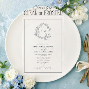 Invitations En Acrylique Mariage Monogramme de la marine moderne Blue Leafy