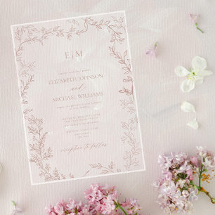 Invitations En Acrylique Mariage monogramme Élégant pour Rose à feuilles mi