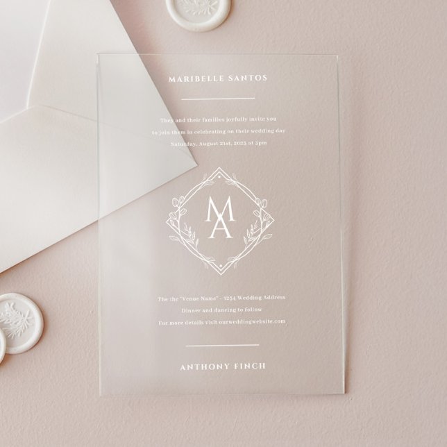 Invitations En Acrylique Mariage Monogramme Floral Diamant (Créateur téléchargé)